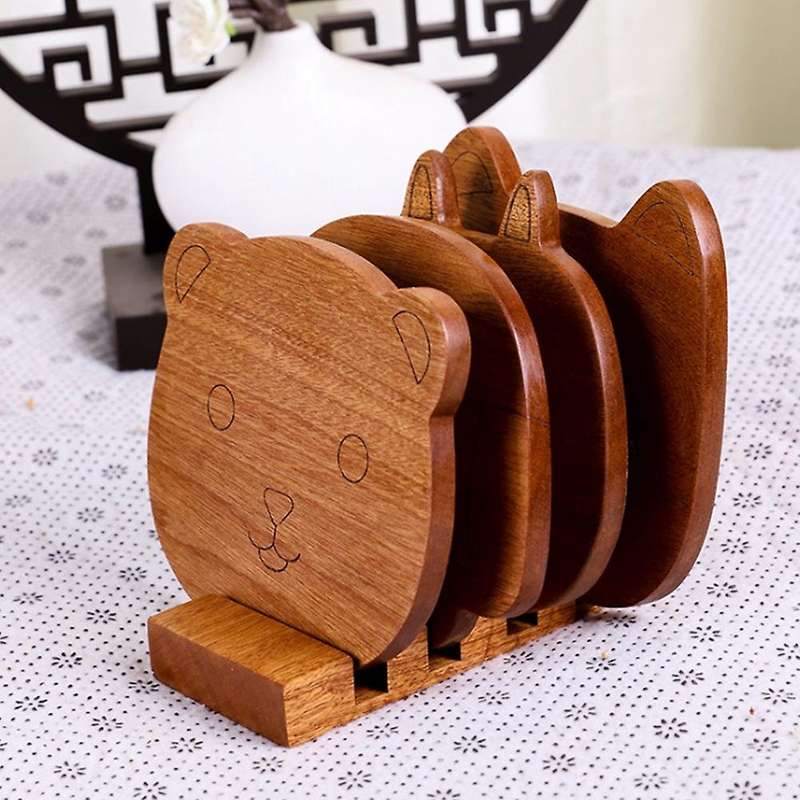 Simple Cartoon Sapele Wooden Coaster Set Placemat with Coaster Rack