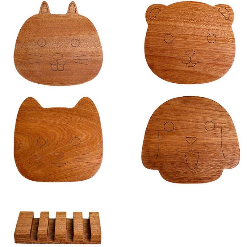 Simple Cartoon Sapele Wooden Coaster Set Placemat with Coaster Rack