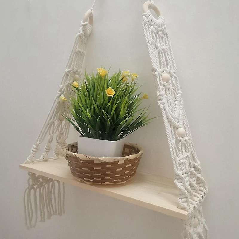 Macrame Wall Hanging Hand Woven Tapestry Rack Wooden Shelf Partition