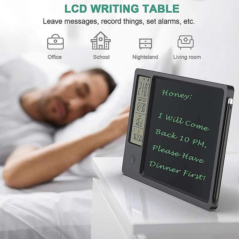 Lcd Alarm Clock with Writing Tablet Thermometer with Erase(white)