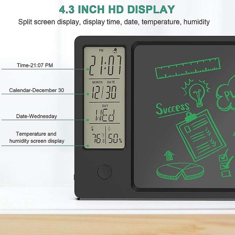 Lcd Alarm Clock with Writing Tablet Thermometer with Erase(white)