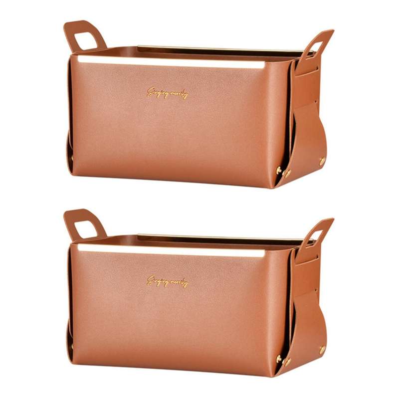 2x Leather Storage Bin with Handles, Foldable Shelf Organizer (brown)