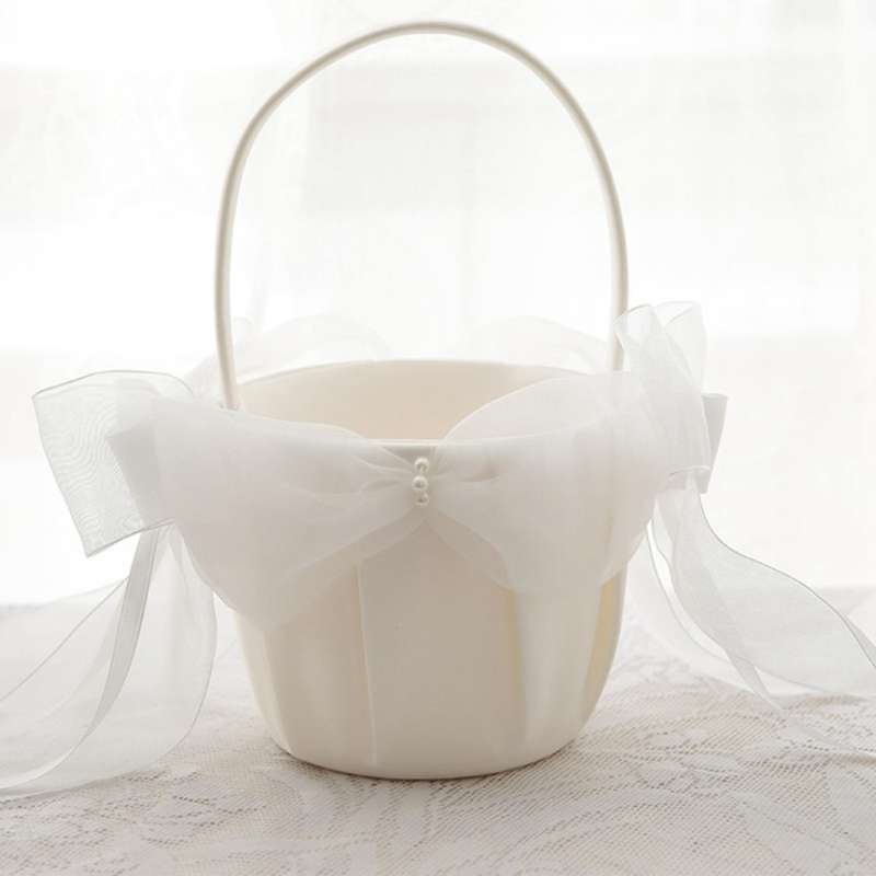 Beige Satin Flower Girl Basket Large Tulle Bow Wedding Party