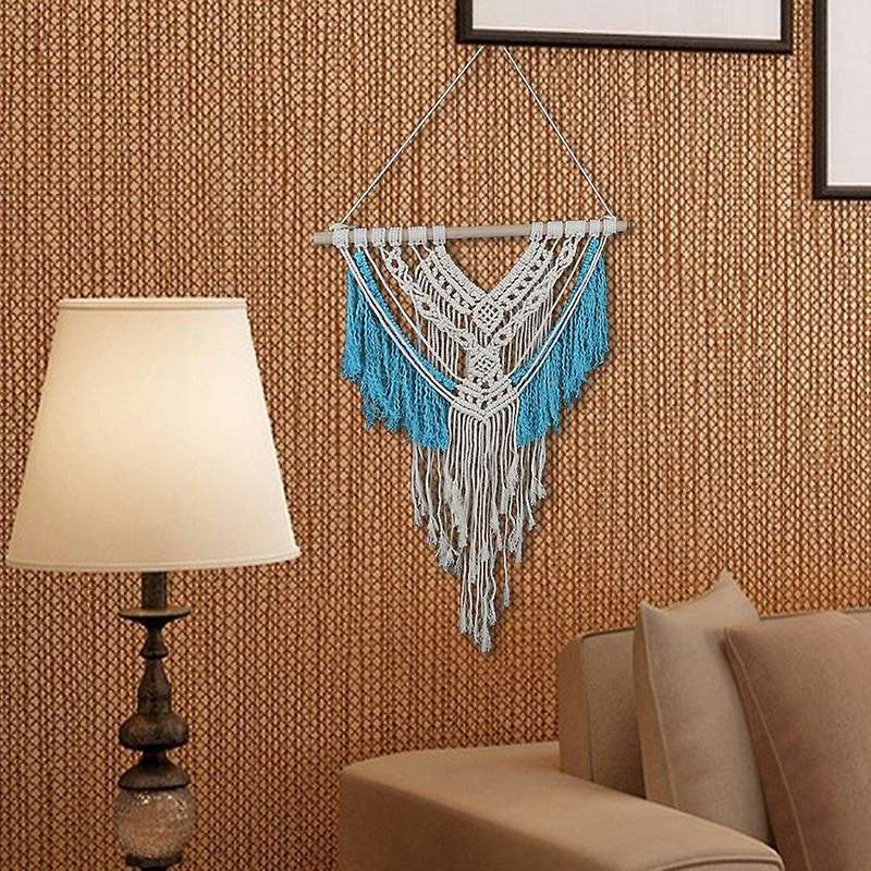 Wall Hanging Beige and Blue Woven Tapestry Art Bedroom Decorations