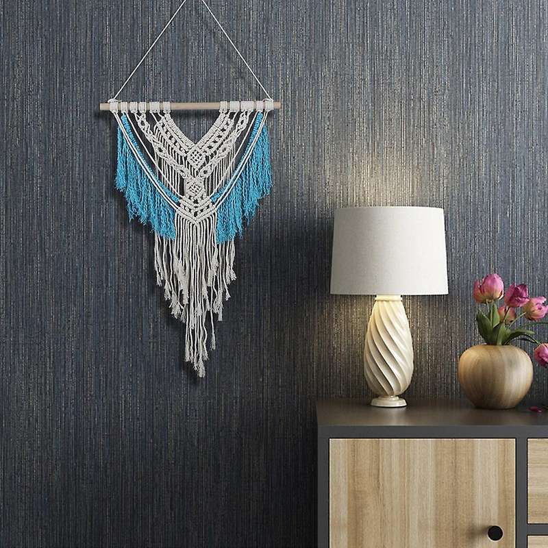 Wall Hanging Beige and Blue Woven Tapestry Art Bedroom Decorations