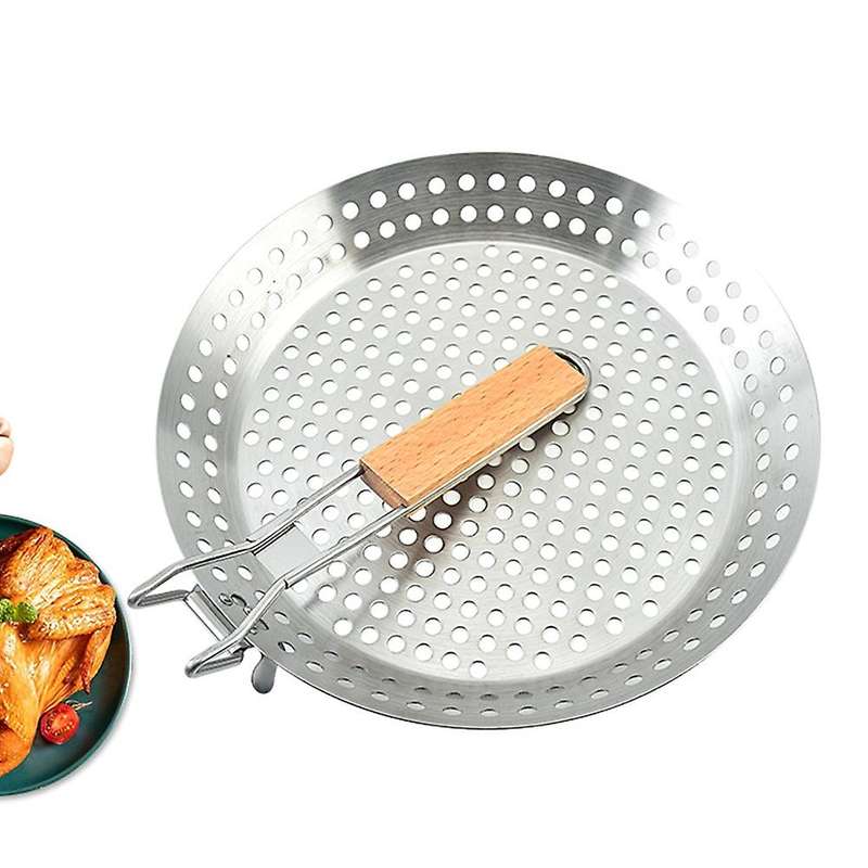 Wooden Handle Folding Grill Pan Stainless Steel Outdoor Bbq Tools