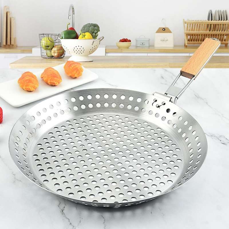 Wooden Handle Folding Grill Pan Stainless Steel Outdoor Bbq Tools
