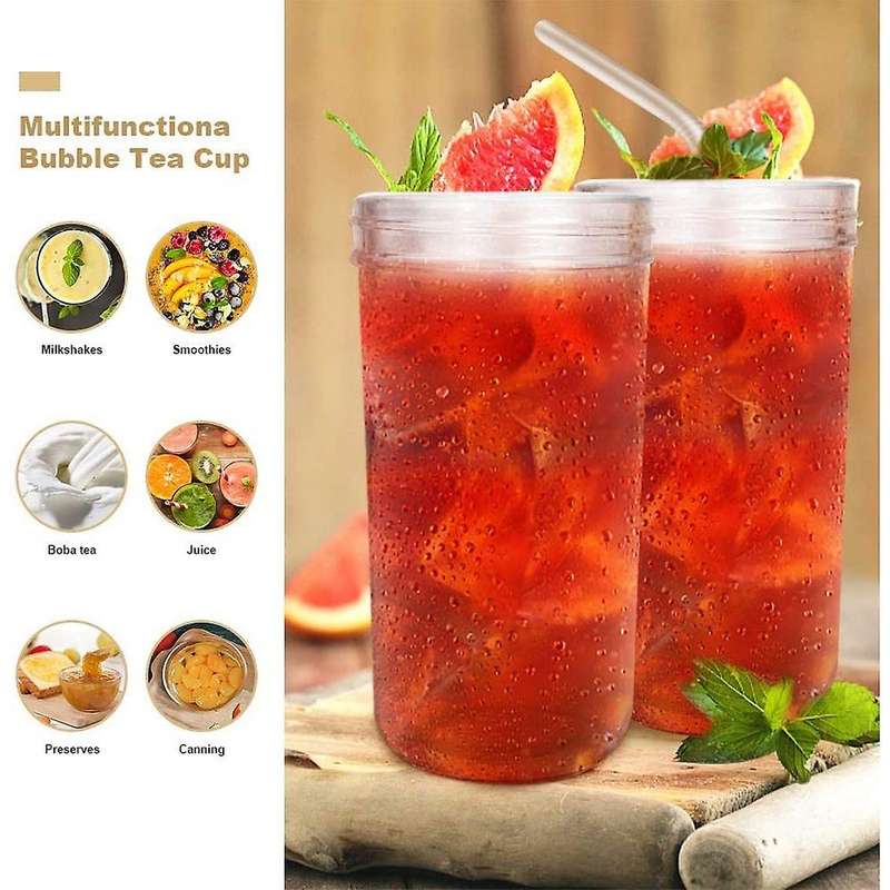 22oz Reusable Boba Cup Mason Jar Cups with Lids and Straws-gray