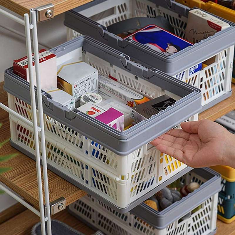 Collapsible Shopping Basket Portable Folding Storage Crate Gray