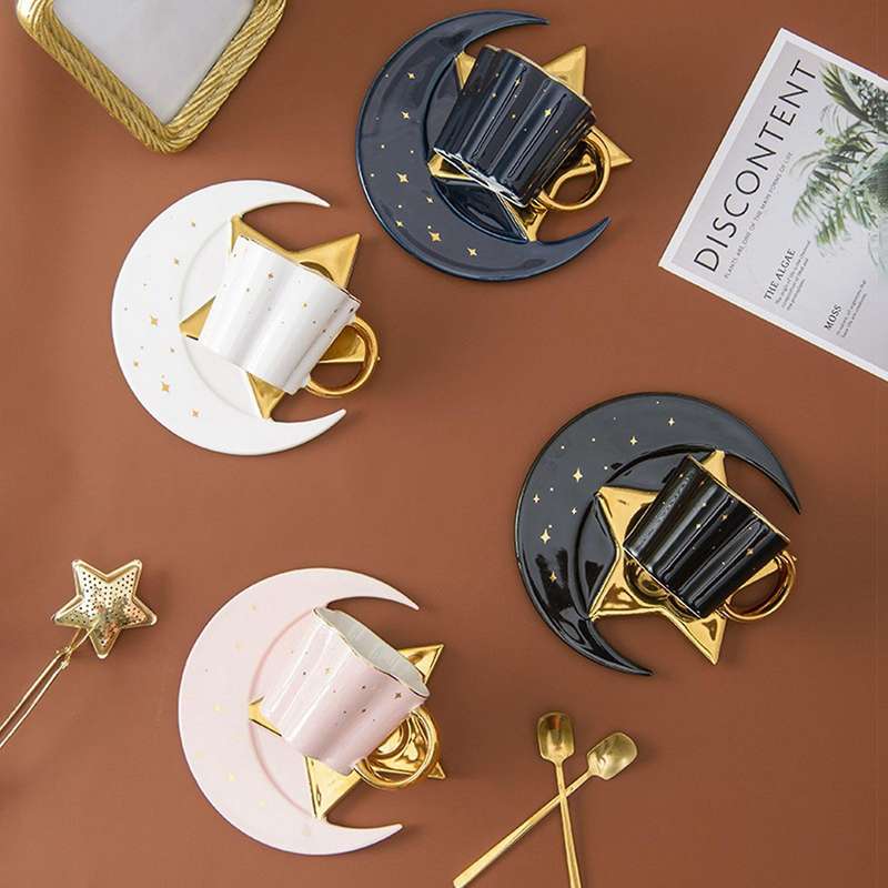 Ceramic Star Moon Coffee Cup and Saucer with Spoon Water Drinks Cup B