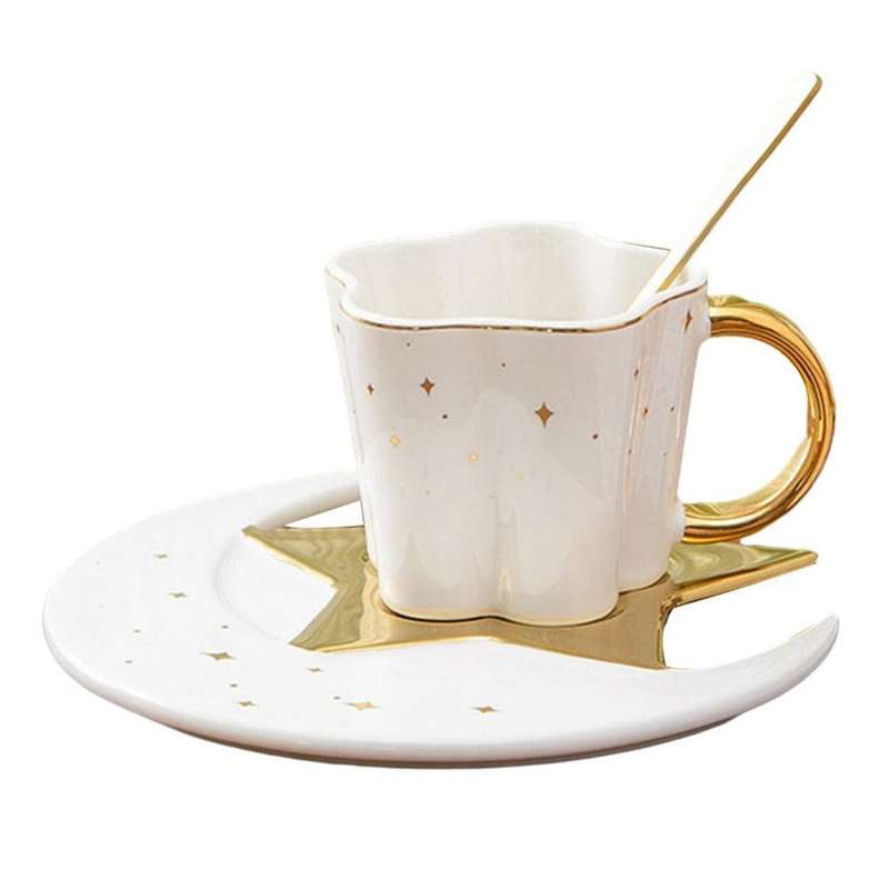 Ceramic Star Moon Coffee Cup and Saucer with Spoon Water Drinks Cup B