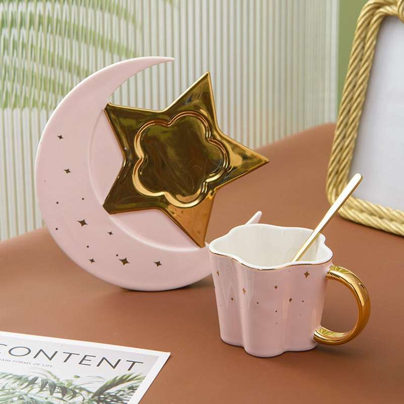 Ceramic Star Moon Coffee Cup and Saucer with Spoon Water Drinks Cup B