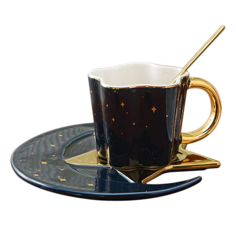 Ceramic Star Moon Coffee Cup and Saucer with Spoon Water Drinks Cup D