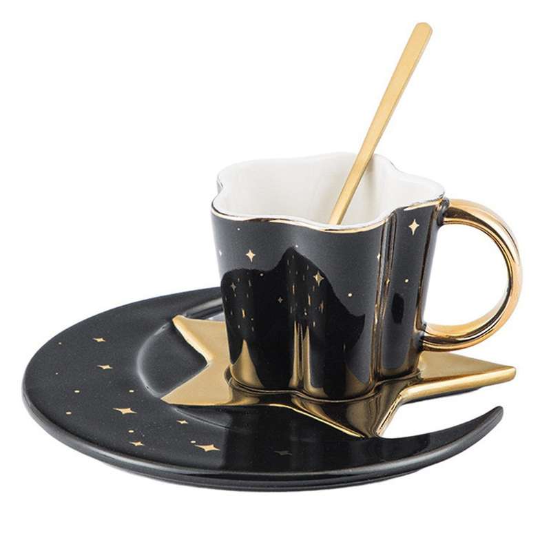 Ceramic Star Moon Coffee Cup and Saucer with Spoon Water Drinks Cup C