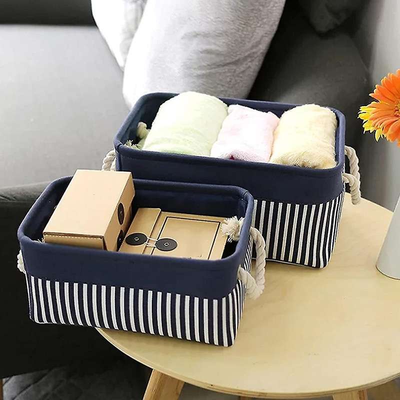 2 Pack Foldable Blue and White Striped Stitched Storage Basket Toy