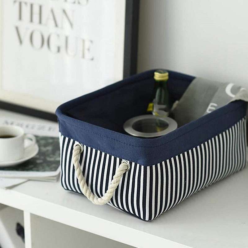 2 Pack Foldable Blue and White Striped Stitched Storage Basket Toy
