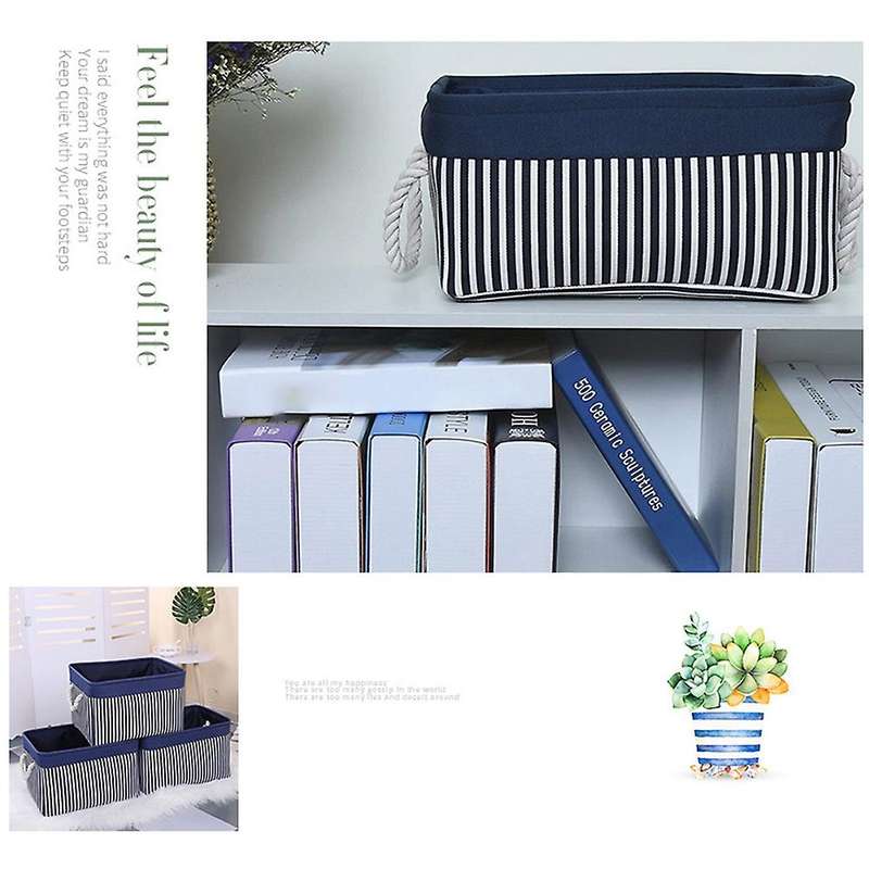 2 Pack Foldable Blue and White Striped Stitched Storage Basket Toy