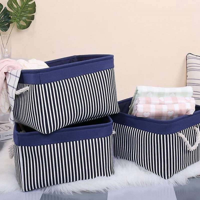 2 Pack Foldable Blue and White Striped Stitched Storage Basket Toy