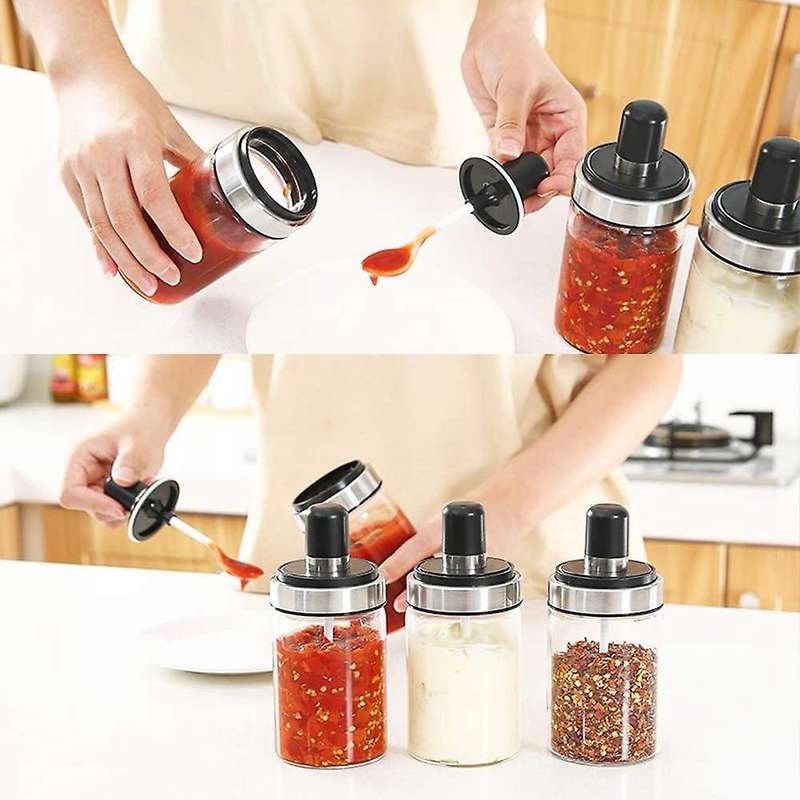 3 Pcs Glass Spice Jars Seasoning Box, with Spoon and Lid Design
