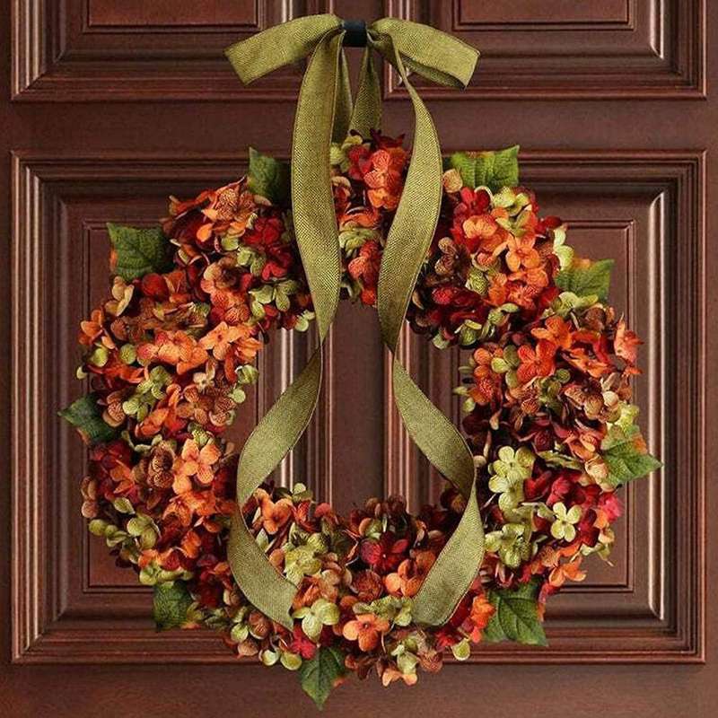 Fall Wreath Hydrangea Bowknot Decoration Flower Garland Wreath 45cm