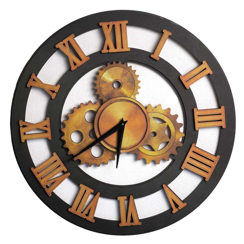 38cm Roman Numeral Wall Clock Vintage Wood Decorative Gear Clock