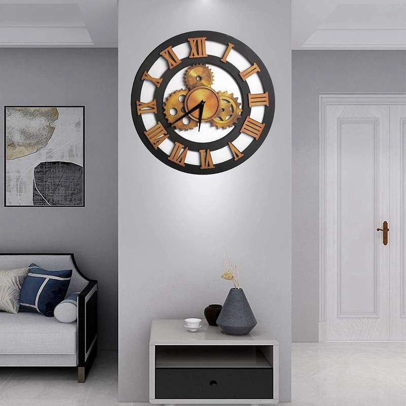 38cm Roman Numeral Wall Clock Vintage Wood Decorative Gear Clock