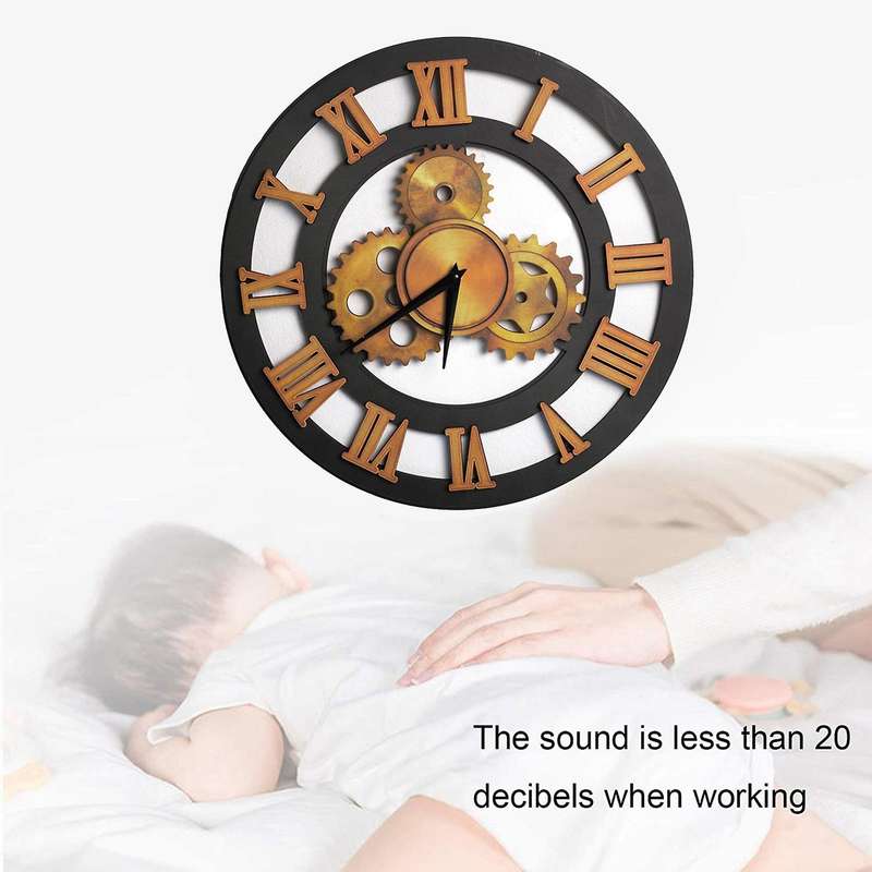 38cm Roman Numeral Wall Clock Vintage Wood Decorative Gear Clock