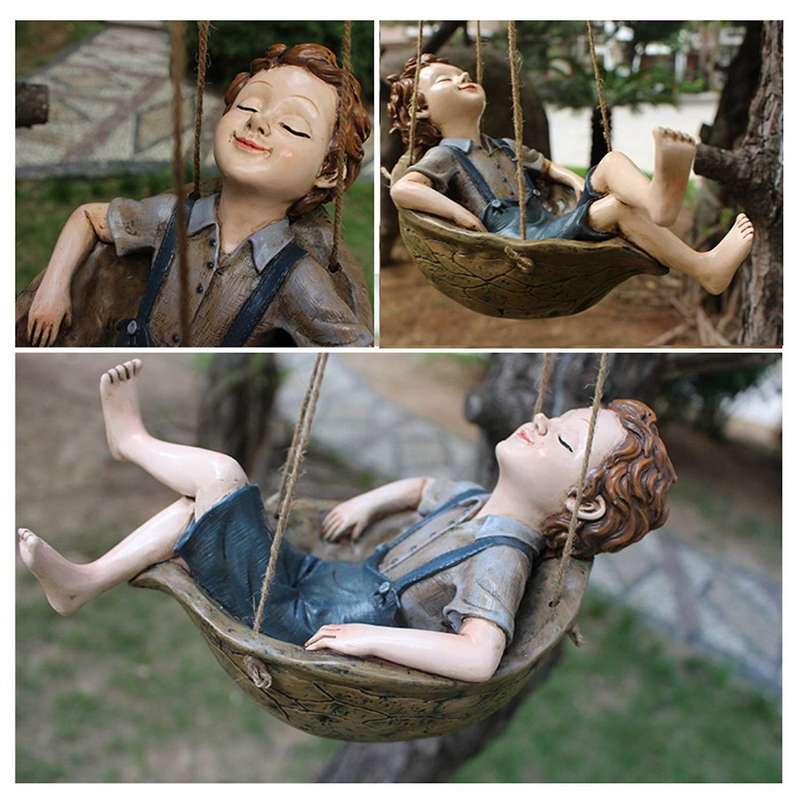 Cartoon Swing Boy Statue Resin Ornament for Home Courtyard Decoration