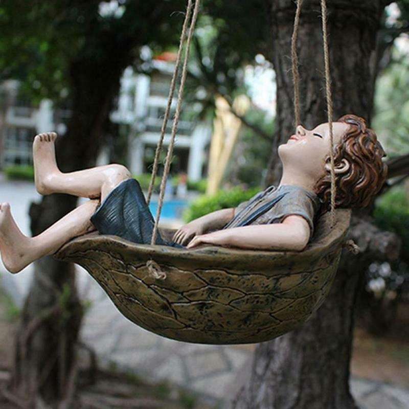 Cartoon Swing Boy Statue Resin Ornament for Home Courtyard Decoration