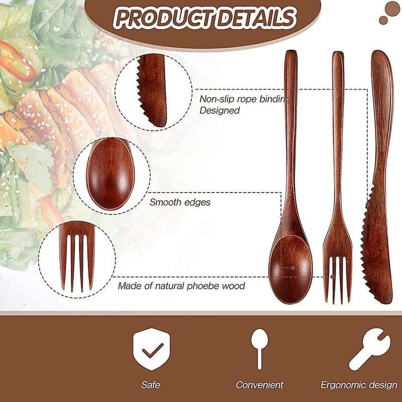 Wooden Spoon Fork Knife Cutlery Set Kitchen Flatware Set (24 Pieces)