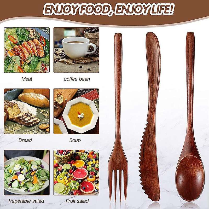 Wooden Spoon Fork Knife Cutlery Set Kitchen Flatware Set (24 Pieces)