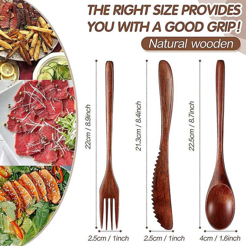 Wooden Spoon Fork Knife Cutlery Set Kitchen Flatware Set (24 Pieces)