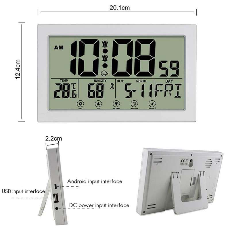 Touch Screen Digital Wall Clock Mute with Snooze Mode Luminous