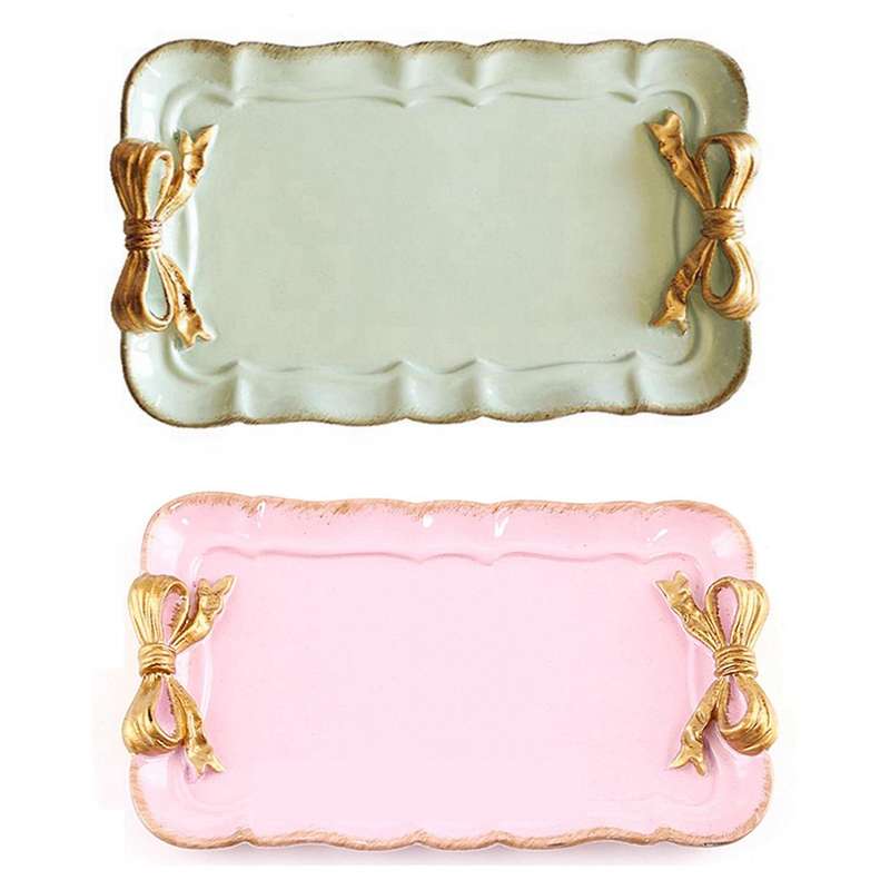 European Style Bow Cake Storage Trays Square Decor Tray 12x20cm Pink