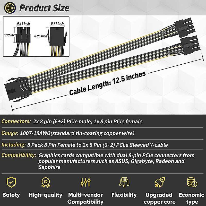 8 Pin Pcie Splitter to Dual 8 Pin (6+2) Graphics Card Pcie Power