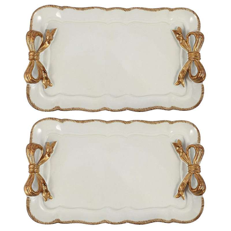 2x European Style Bow Cake Storage Trays Square Tray 12x20cm White