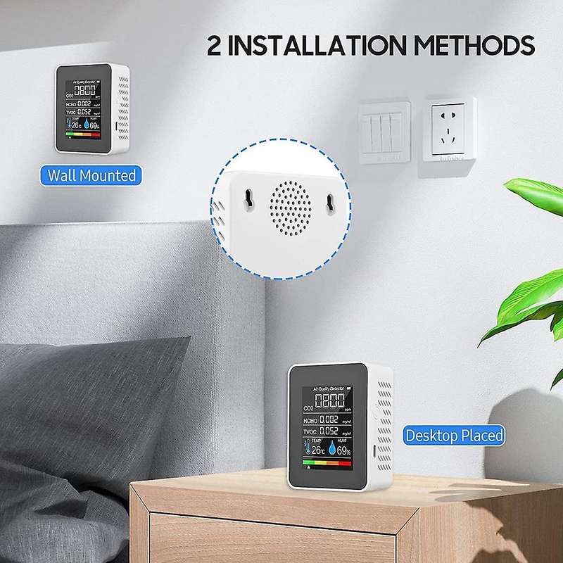 5 In 1 Air Quality Monitor, Usb Rechargeable Co2 Detector White