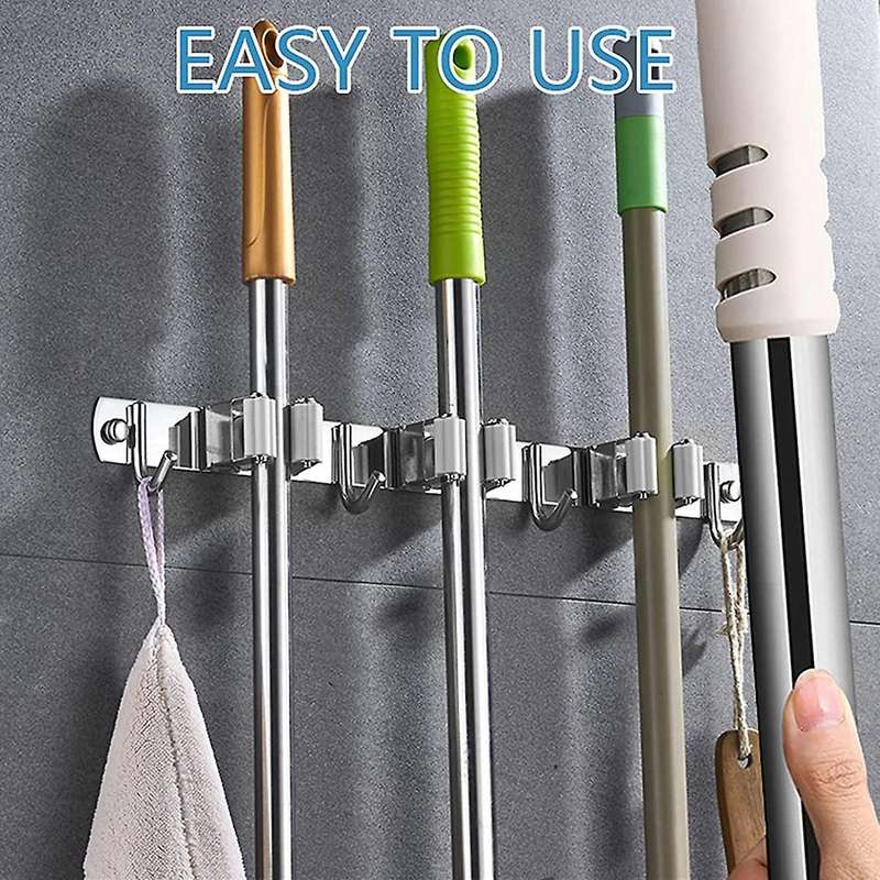 2 Pieces Of Broom Storage Racks Stainless Steel (3 Racks 4 Hooks)