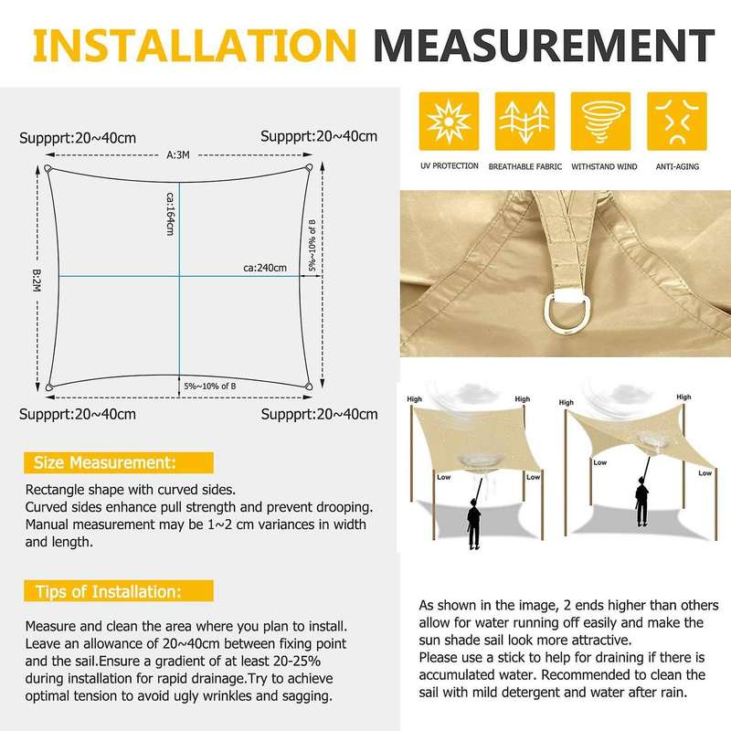 Sun Shade Sail, Rectangle 6.5 X 10inch for Patio, Carport, Backyard