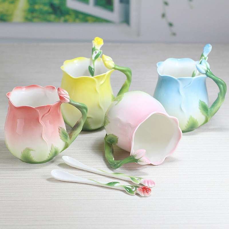 Ceramic Rose Flower Shape Teacups Breakfast Cups with Spoon-pink