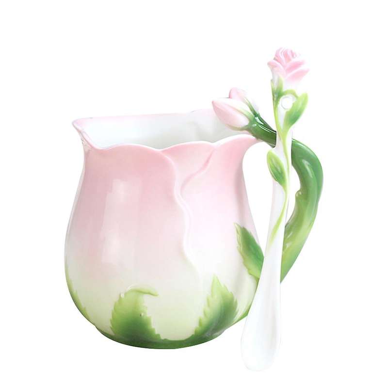 Ceramic Rose Flower Shape Teacups Breakfast Cups with Spoon-pink