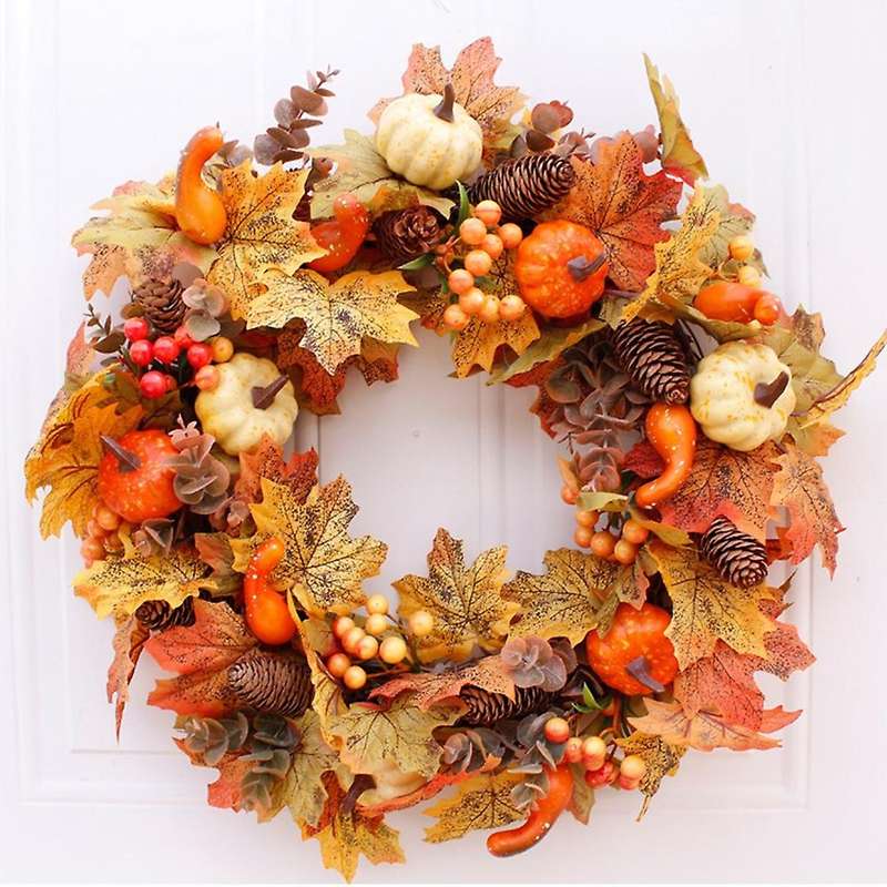Autumn Theme Door Wreath Artificial Pumpkin Pine Cone Maple Manmade Garland Cloth Rattan Material Ho