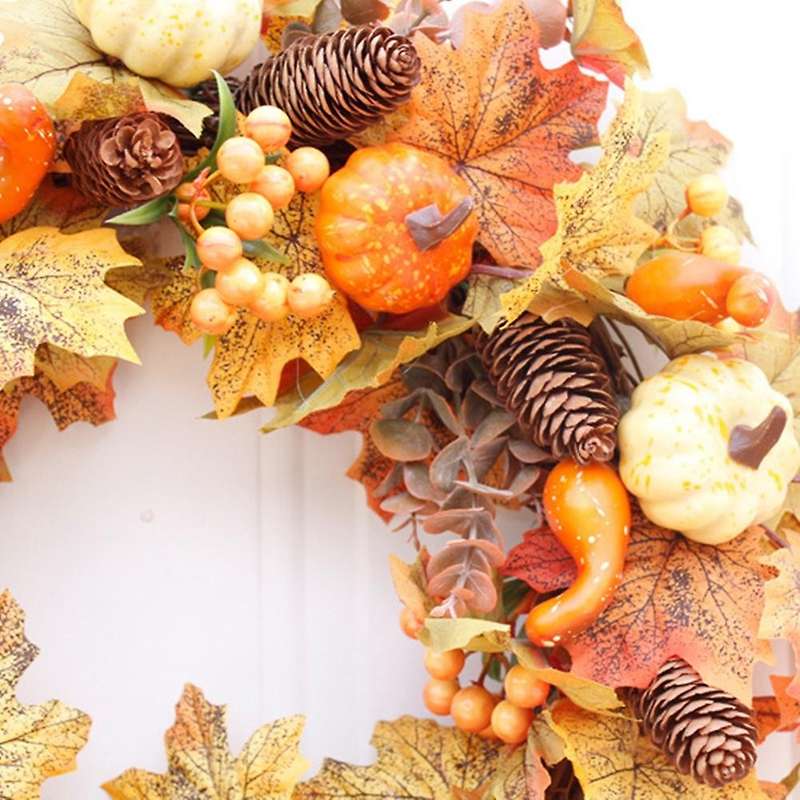 Autumn Theme Door Wreath Artificial Pumpkin Pine Cone Maple Manmade Garland Cloth Rattan Material Ho
