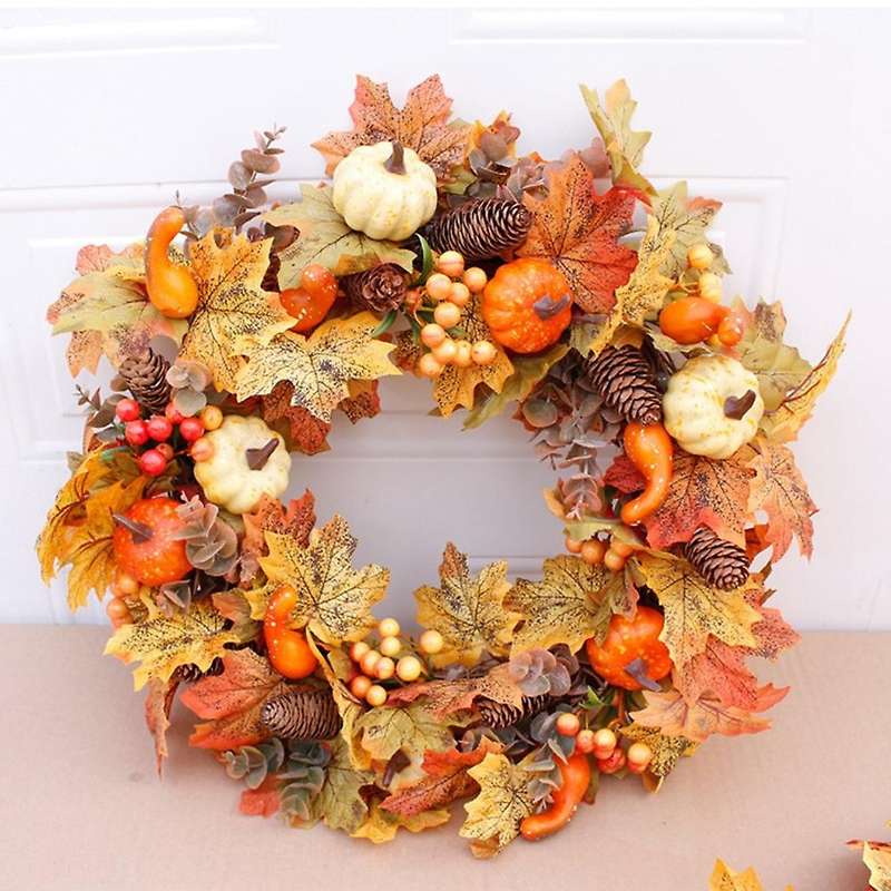 Autumn Theme Door Wreath Artificial Pumpkin Pine Cone Maple Manmade Garland Cloth Rattan Material Ho