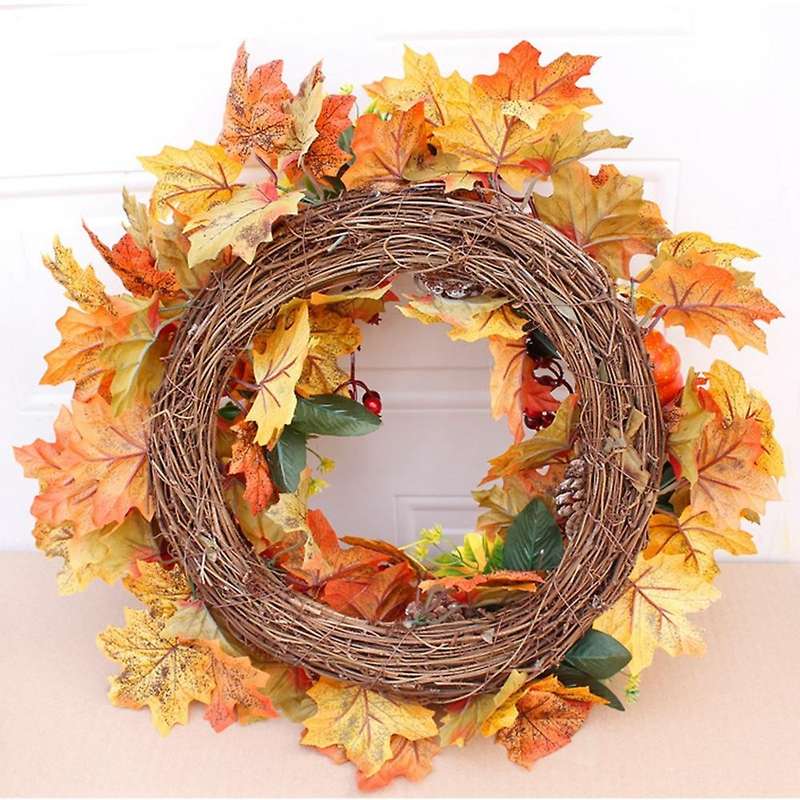 Autumn Theme Door Wreath Artificial Pumpkin Pine Cone Maple Manmade Garland Cloth Rattan Material Ho