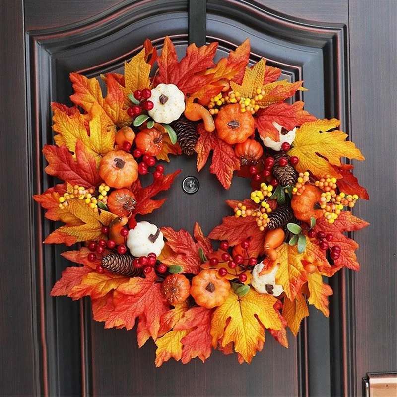 Autumn Door Wreathes Christmas Halloween Decoration Pumpkin Berry Pine Cone Maple Artificial Wreath