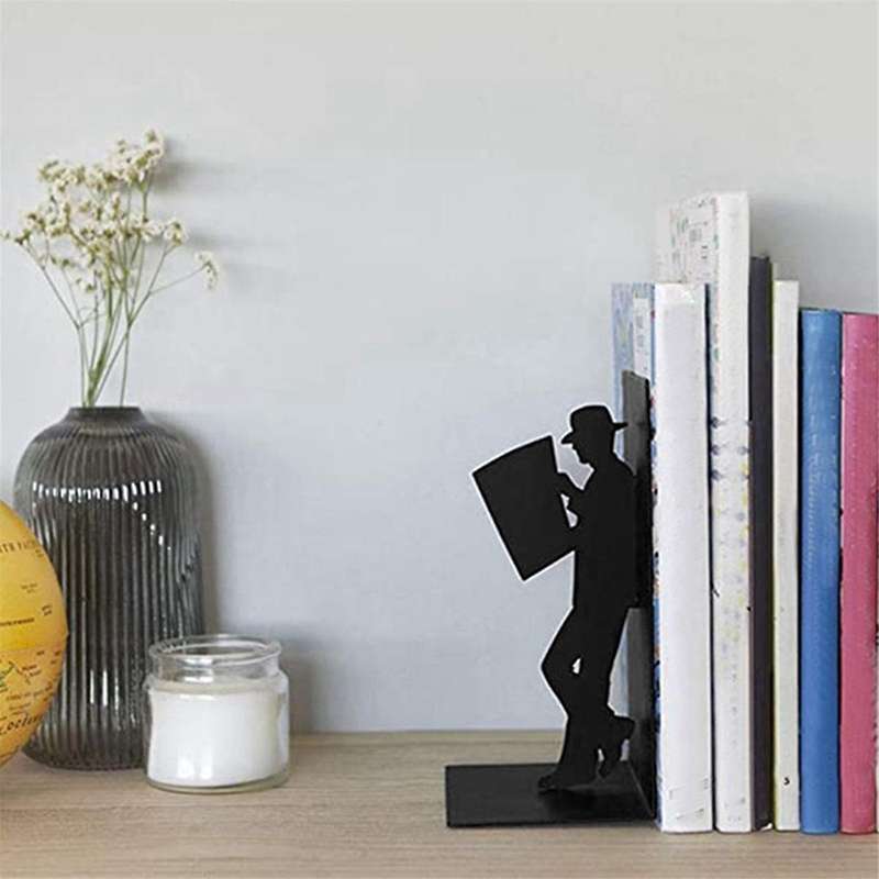 B Iron Figure Bookends Reading Book Support Retro Non-Skid Book Ends Stoppers for Shelves Home Offic