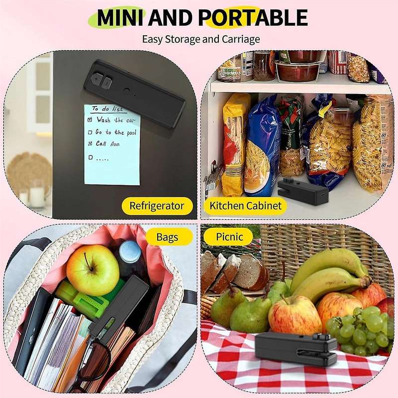 Bag Sealer , 3 in 1 Mini Bag Sealer Heat Seal with Cutter &Magnet,Rechargeable Mini Chip Bag Vacuum
