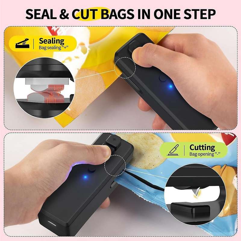 Bag Sealer , 3 in 1 Mini Bag Sealer Heat Seal with Cutter &Magnet,Rechargeable Mini Chip Bag Vacuum