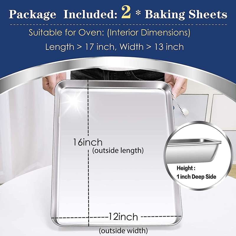 Baking Cookie Sheet Set of 2, Stainless Steel Baking Sheets Pan Oven Tray, 16X12X1Inch, Mirror Fini